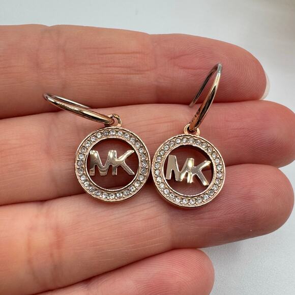 Michael Kors Rose Gold Tone Pavé Crystal MK Logo Dangle Earrings Designer Modern - Picture 7 of 14